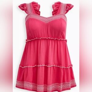 TORRID- BABY DOLL CRINKLE GAUZE EMBROIDERY TIERED TANK
